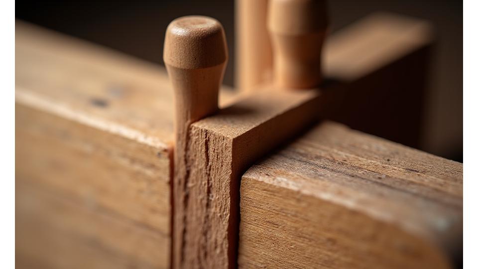 Détail d'une cheville en bois étant insérée dans un assemblage traditionnel