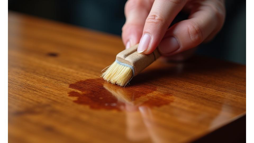 Artisan appliquant une finition sur un meuble en bois poli