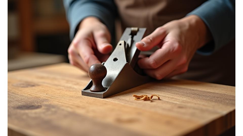 Artisan rabotant une planche de bois dans un atelier lumineux