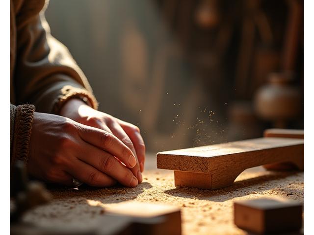 Artisan travaillant dans un atelier d'ébénisterie, lumière chaleureuse