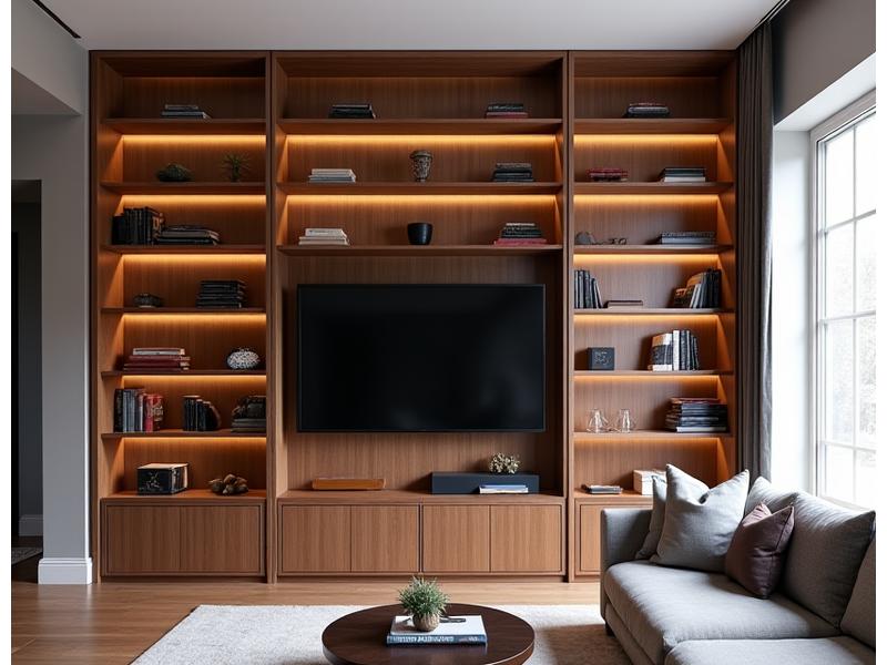 Bibliothèque intégrée en noyer avec éclairage