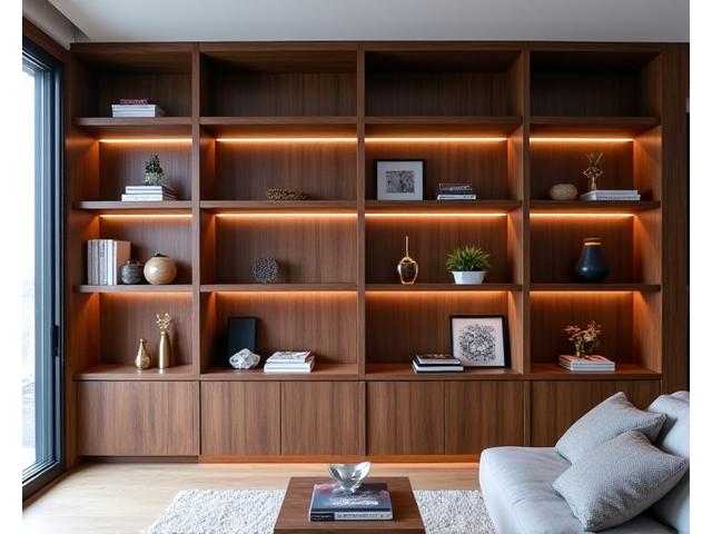 Bibliothèque intégrée en noyer conçue pour un salon moderne