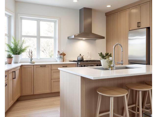 Cuisine sur-mesure en chêne clair avec plan de travail en quartz