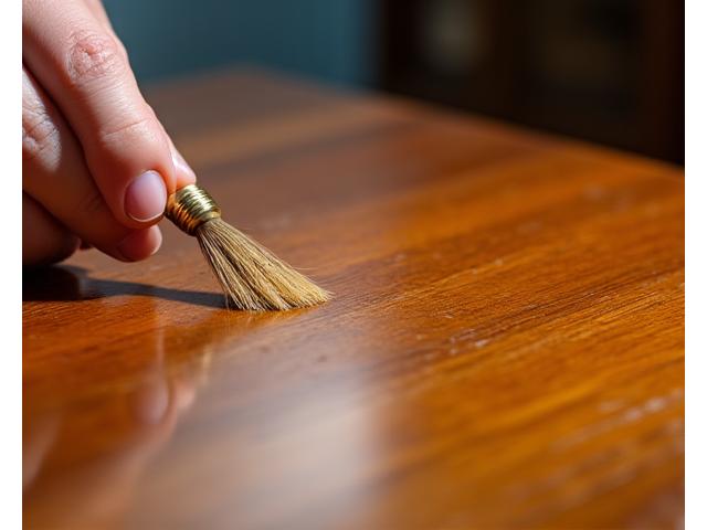 Main d'un artisan appliquant une finition à la cire sur une surface en bois poli, mettant en évidence la texture riche du bois.